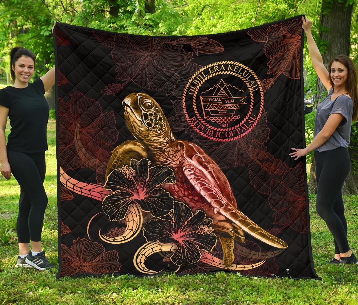 Palau Polynesian Premium Quilt - Turtle With Blooming Hibiscus Gold - Polynesian Pride