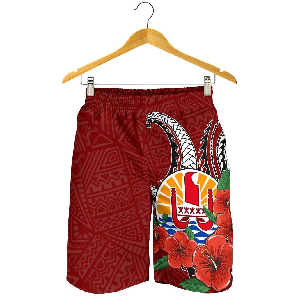 Tahiti Polynesian Men Shorts - Hibiscus Coat of Arm Red - Polynesian Pride