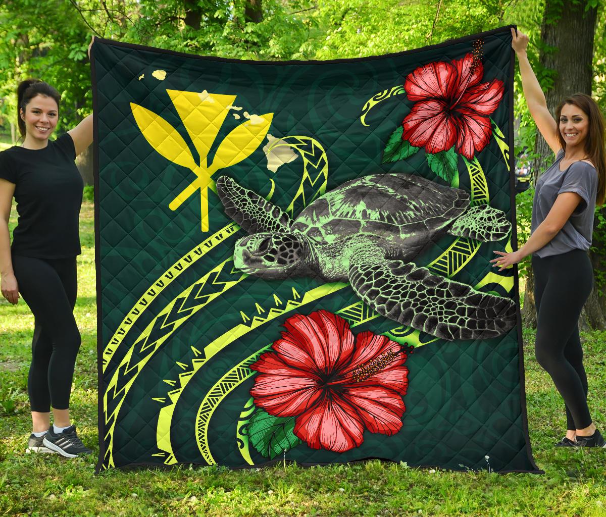 Hawaii Polynesian Premium Quilt - Green Turtle Hibiscus - Polynesian Pride