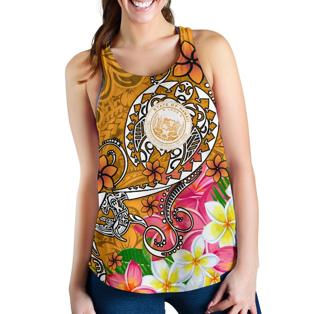 Hawaii Polynesian Women's Racerback Tank - Hawaii Seal With Turtle Plumeria (Gold) - Polynesian Pride