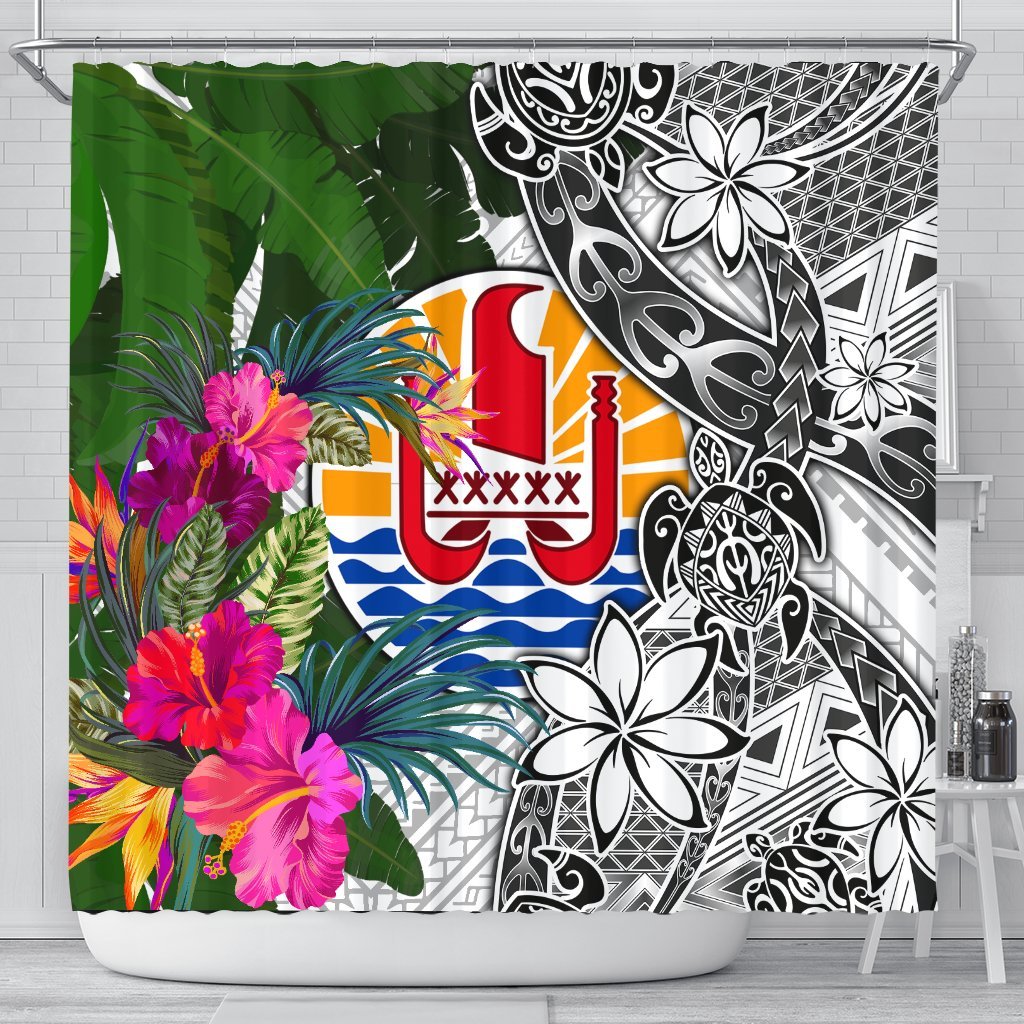 Tahiti Shower Curtain White - Turtle Plumeria Banana Leaf 177 x 172 (cm) White - Polynesian Pride