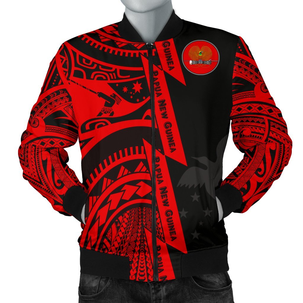 Polynesian Guinea Men's Bomber Jacket - Moana Maui Tattoo With Coat Of Arm Guinea Red - Polynesian Pride