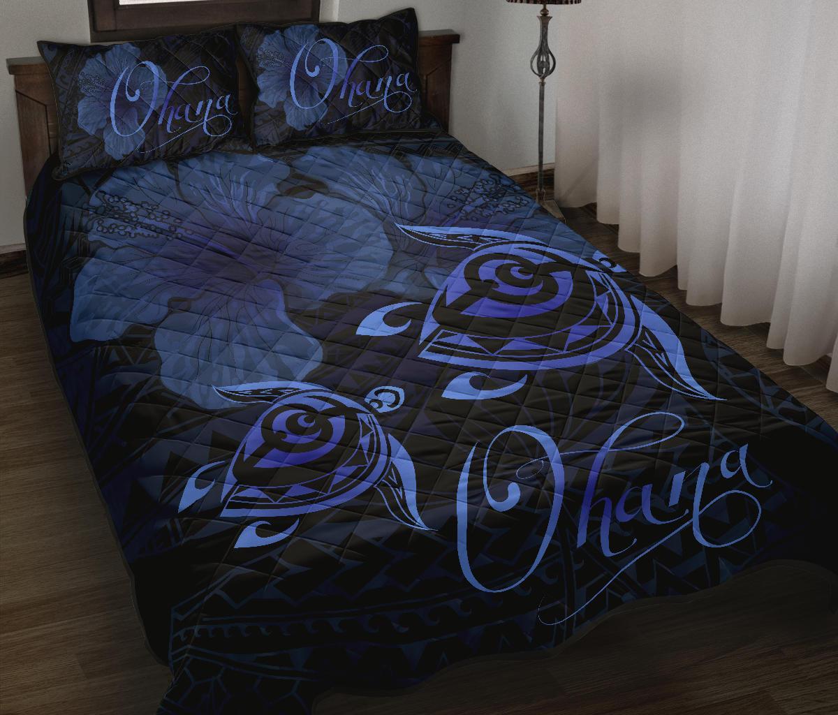Hawaii Turtle Ohana Hibiscus Poly Quilt Bed Set Blue - Polynesian Pride