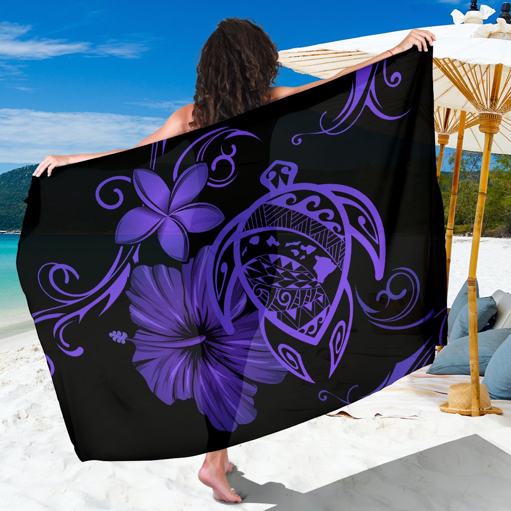Hawaii Turtle Hibiscus Plumeria Poly Sarong - Purple Sarong One Size Purple - Polynesian Pride