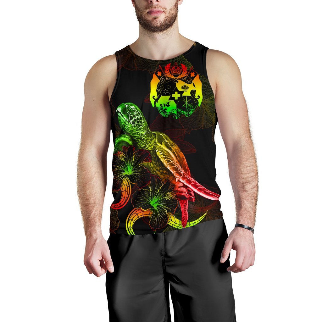 Tonga Polynesian Men Tank Top - Turtle With Blooming Hibiscus Reggae - Polynesian Pride
