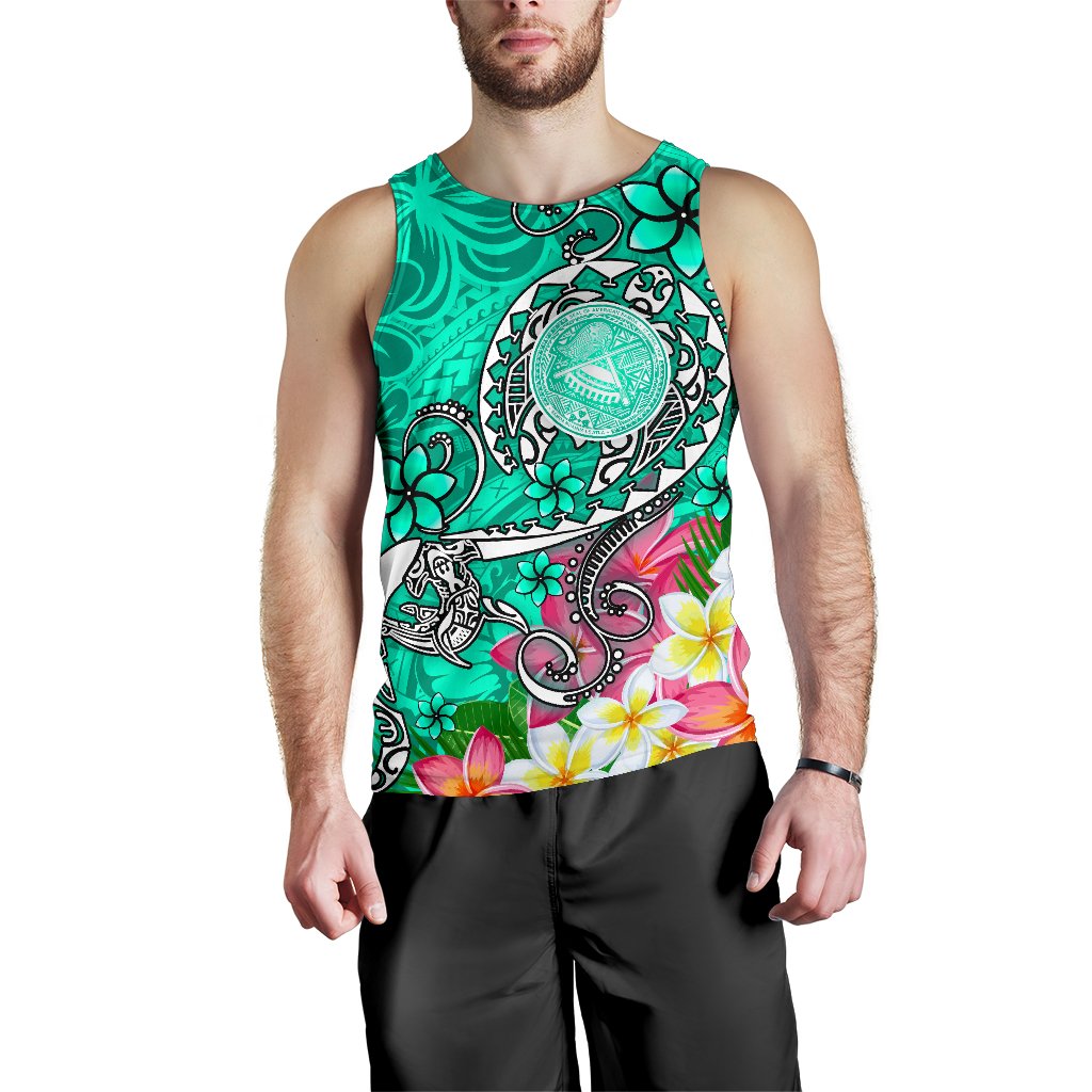 American Samoa Polynesian Men's Tank Top - Turtle Plumeria (Turquoise) - Polynesian Pride