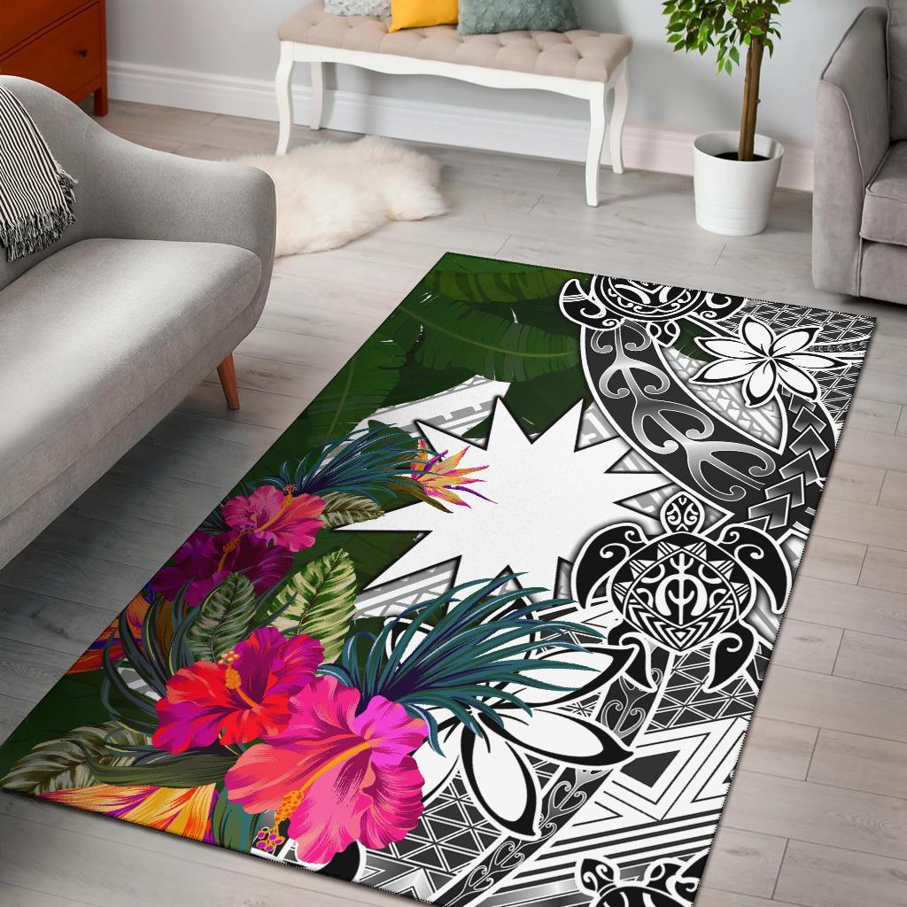 Nauru Area Rug White - Turtle Plumeria Banana Leaf - Polynesian Pride