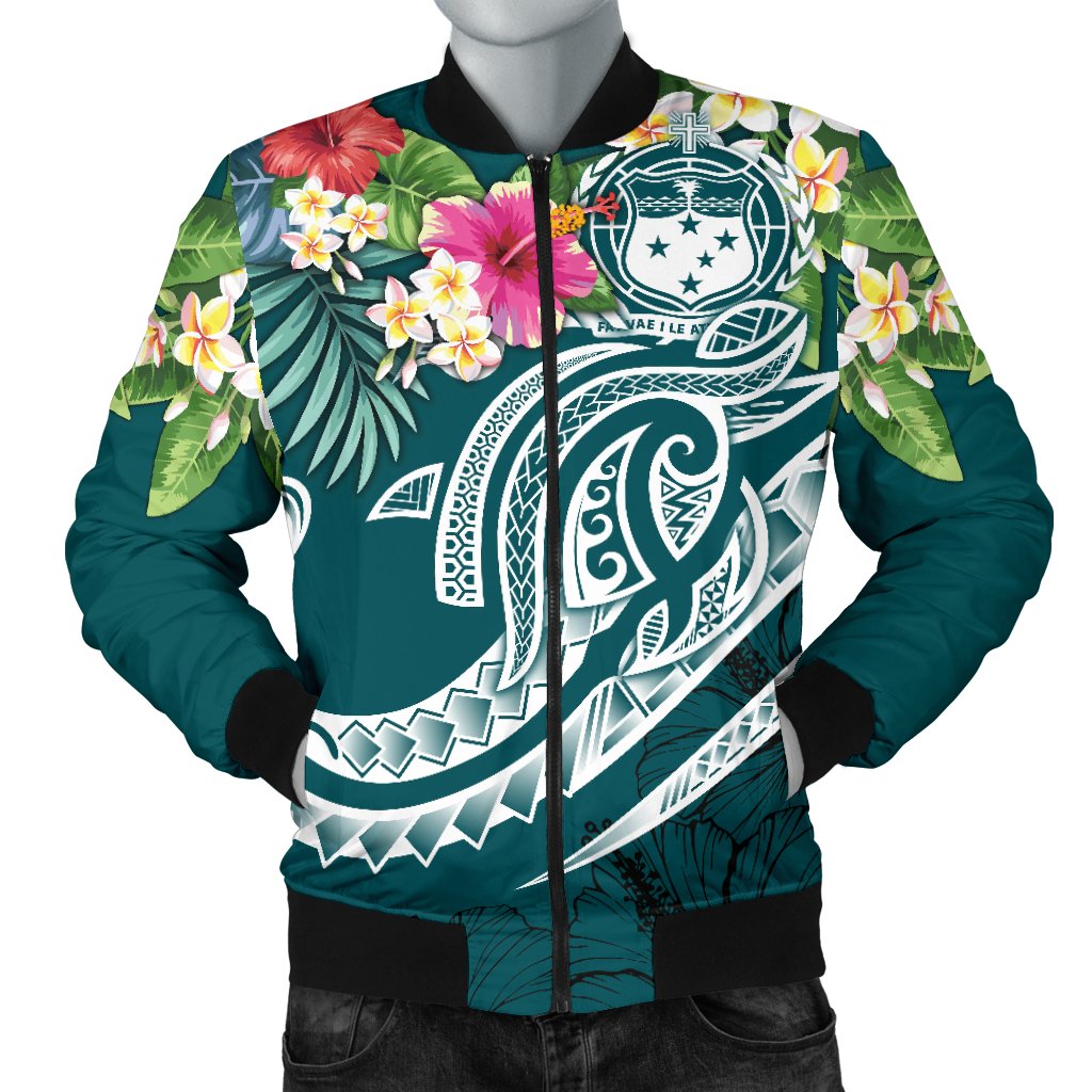 Samoa Polynesian Men's Bomber Jacket - Summer Plumeria Blue - Polynesian Pride