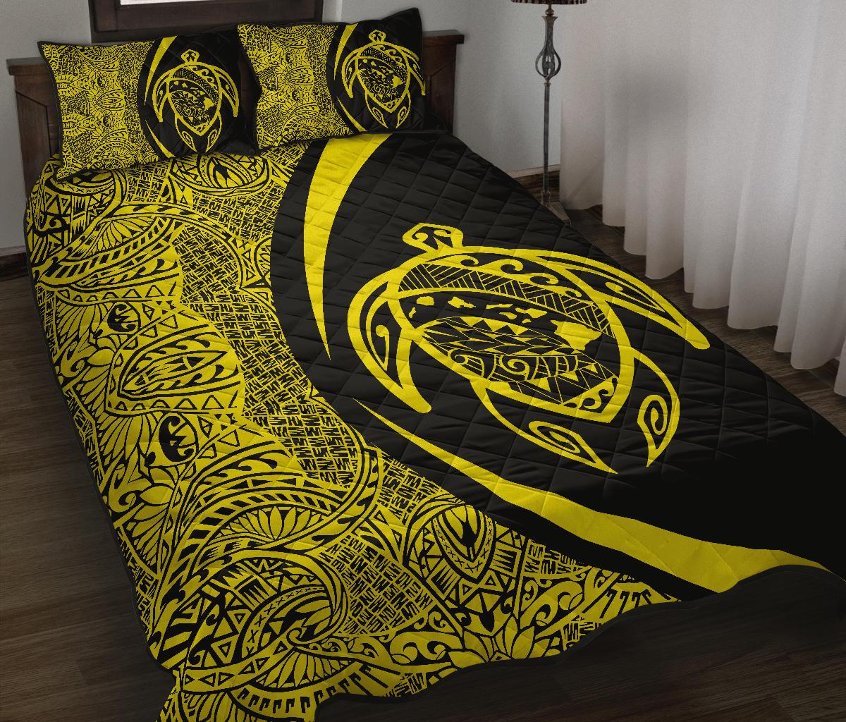 Hawaii Turtle Map Polynesian Quilt Bed Set - Yellow - Circle Style - Polynesian Pride