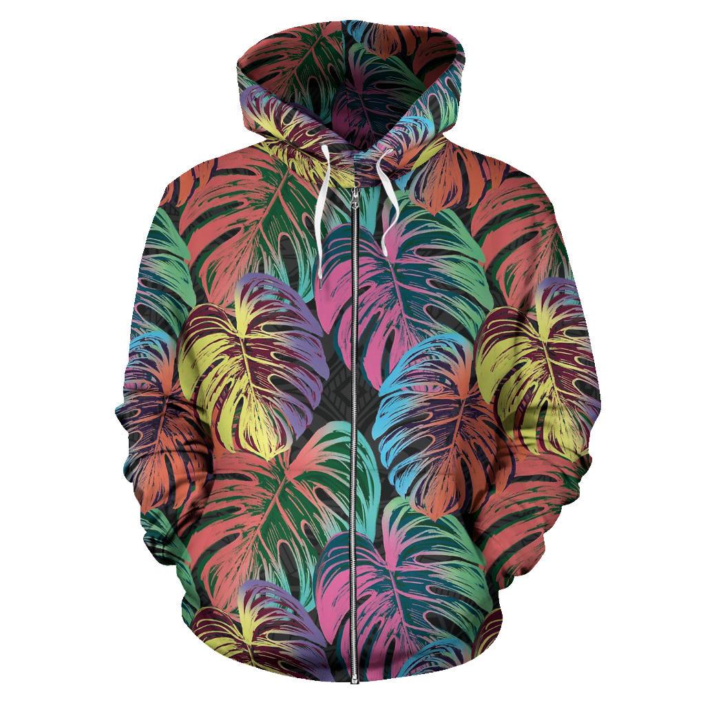 Polynesian All Over Zip up Hoodie Palm Leaves Neon Color - Polynesian Pride