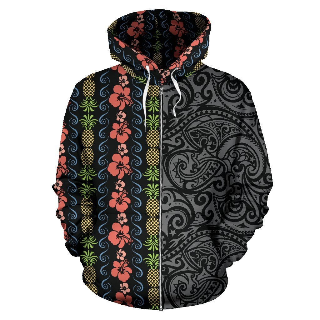 Hawaii Zip up Hoodie Hibiscus Flower Pineapple Polynesian Tattoo Half - Polynesian Pride