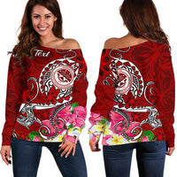 FSM Custom Personalised Women's Off Shoulder Sweater - Turtle Plumeria (Red) Red - Polynesian Pride