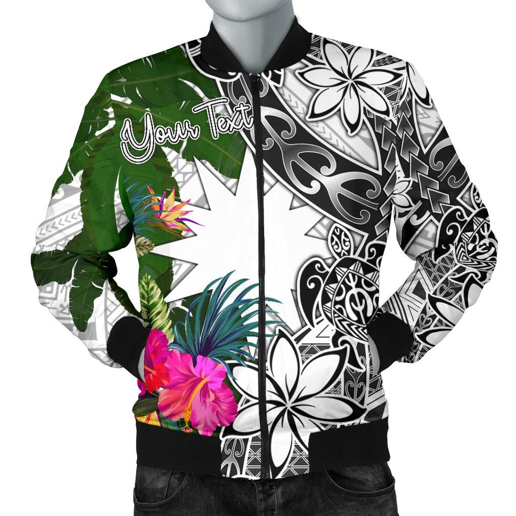 Nauru Custom Personalised Men's Bomber Jacket White - Turtle Plumeria Banana Leaf White - Polynesian Pride