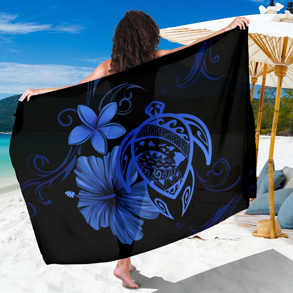 Hawaii Turtle Hibiscus Plumeria Poly Sarong - Blue Sarong One Size Blue - Polynesian Pride