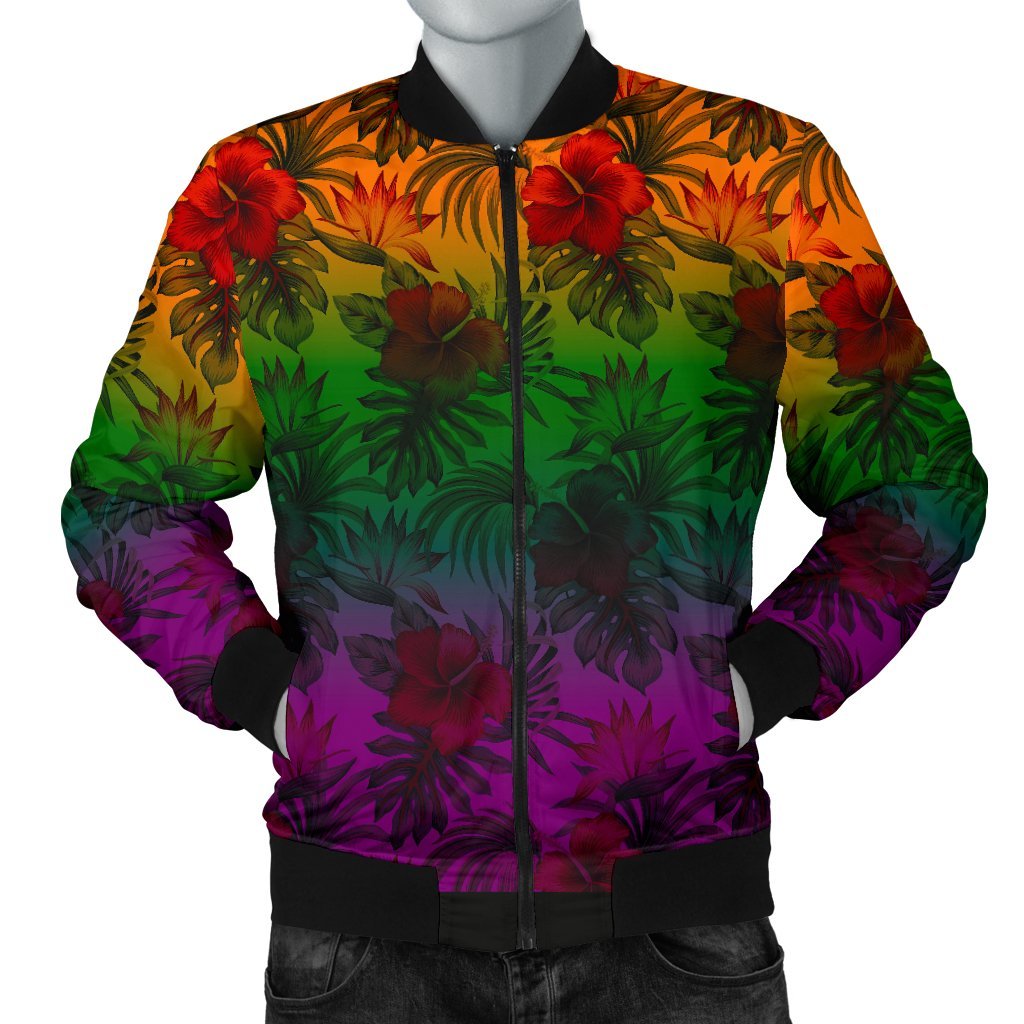 Polynesian Men's Bomber Jacket - Green Hibiscus Patterns Red - Polynesian Pride