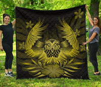 Hawaii Owl Hibiscus Plumeria Premium Quilt - Yellow Yellow - Polynesian Pride