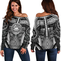 Polynesian Off Shoulder Sweaters - American Samoa Coat Of Arm With Poly Patterns - Polynesian Pride