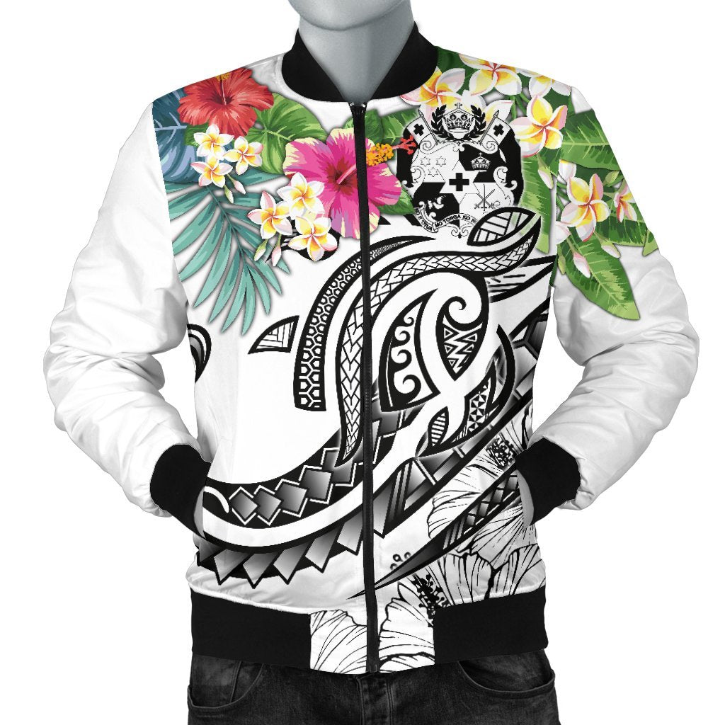 Tonga Polynesian Men's Bomber Jacket - Summer Plumeria (White) Whitle - Polynesian Pride