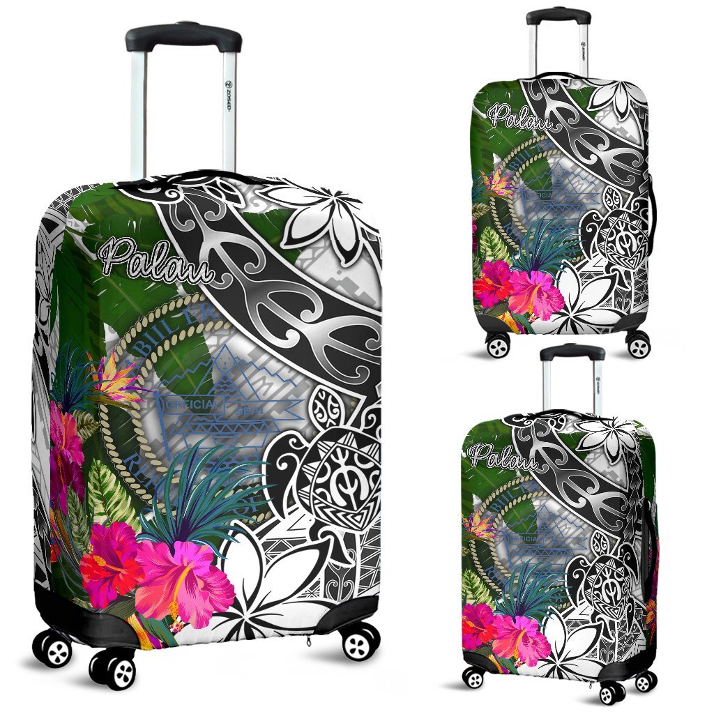 Palau Luggage Covers White - Turtle Plumeria Banana Leaf Crest White - Polynesian Pride