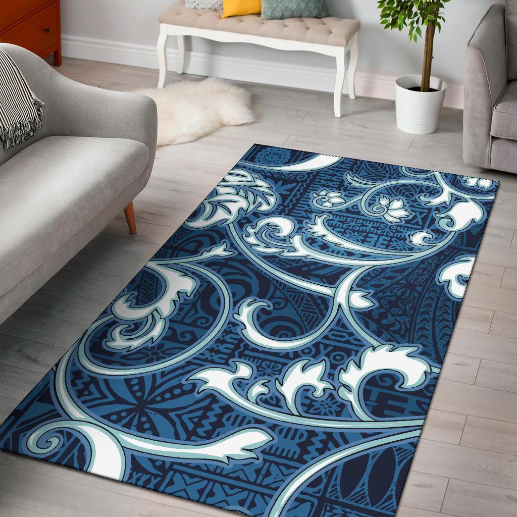 Polynesian Area Rug - Flourish Style With Tribal Fabric Blue Color Vintage Color - Polynesian Pride