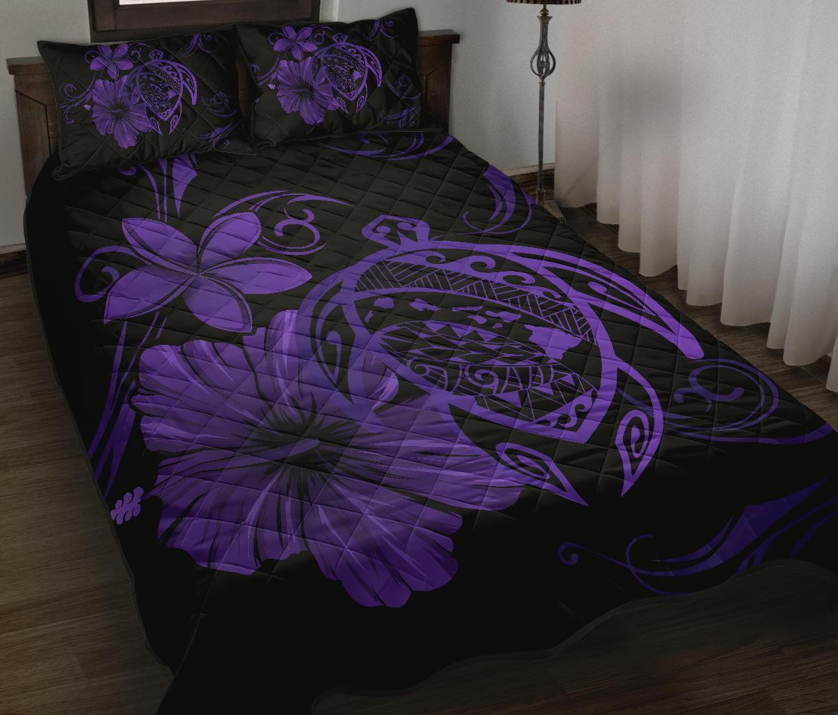 Hawaii Turtle Kanaka Map Hibiscus Poly Quilt Bed Set - Purple - Polynesian Pride