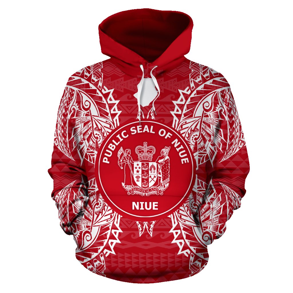 Niue Polynesian ll Over Hoodie Map Red White - Polynesian Pride
