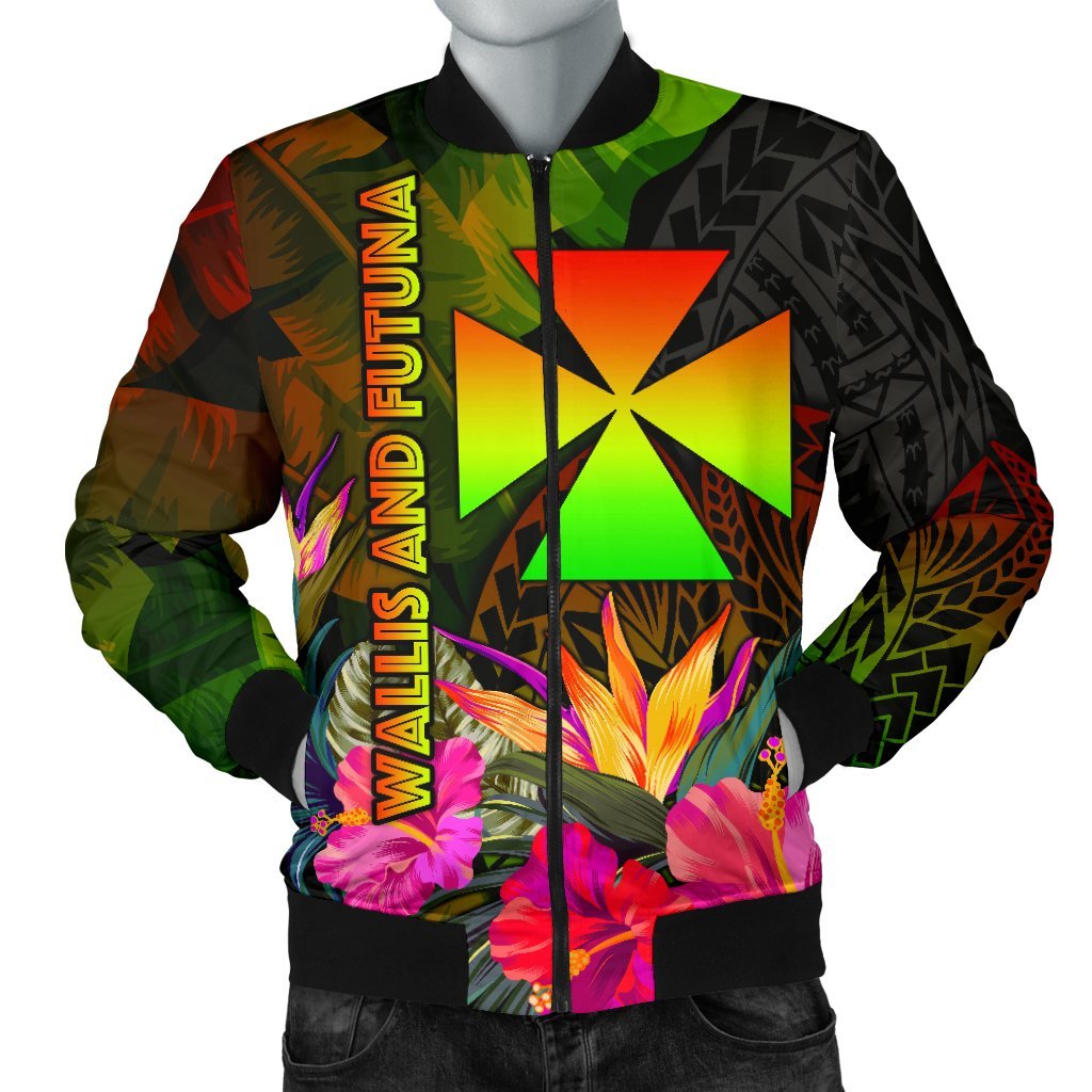 Wallis and Futuna Polynesian Men's Bomber Jacket - Hibiscus and Banana Leaves Reggae - Polynesian Pride