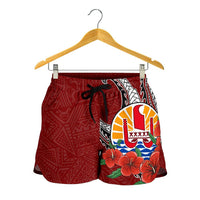 Tahiti Polynesian Women Shorts - Hibiscus Coat of Arm Red - Polynesian Pride