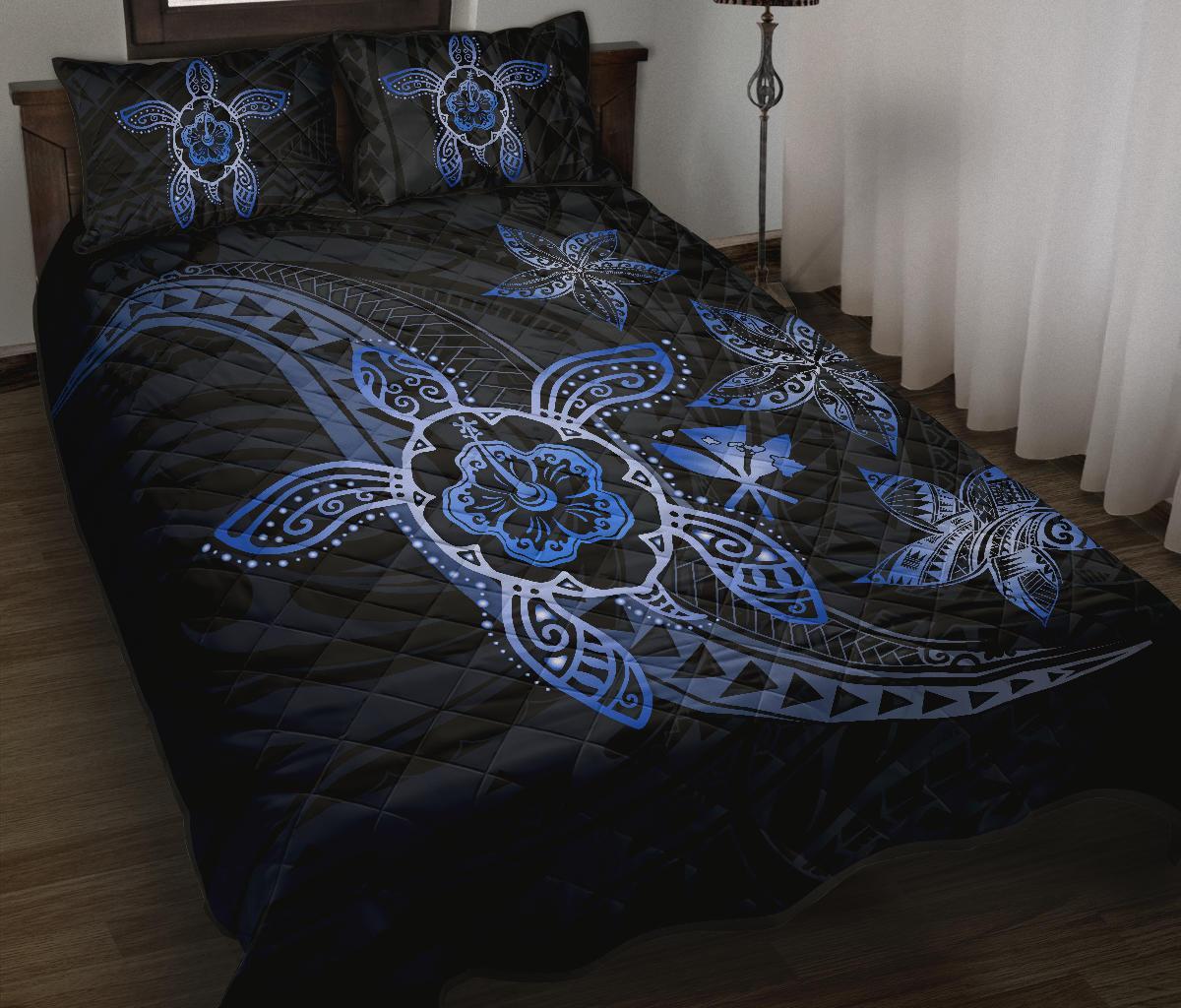 Kanaka Map Hibiscus Plumeria Turtle Art Blue Polynesian Quilt Bed Set - Polynesian Pride