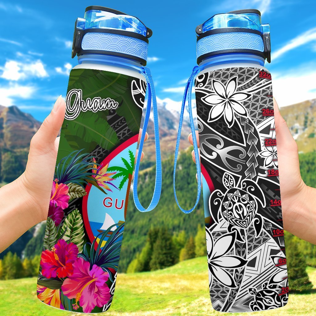 Guam Hydro Tracking Bottle - Turtle Plumeria Banana Leaf Hydro Tracking Bottle 32oz Large Black - Polynesian Pride
