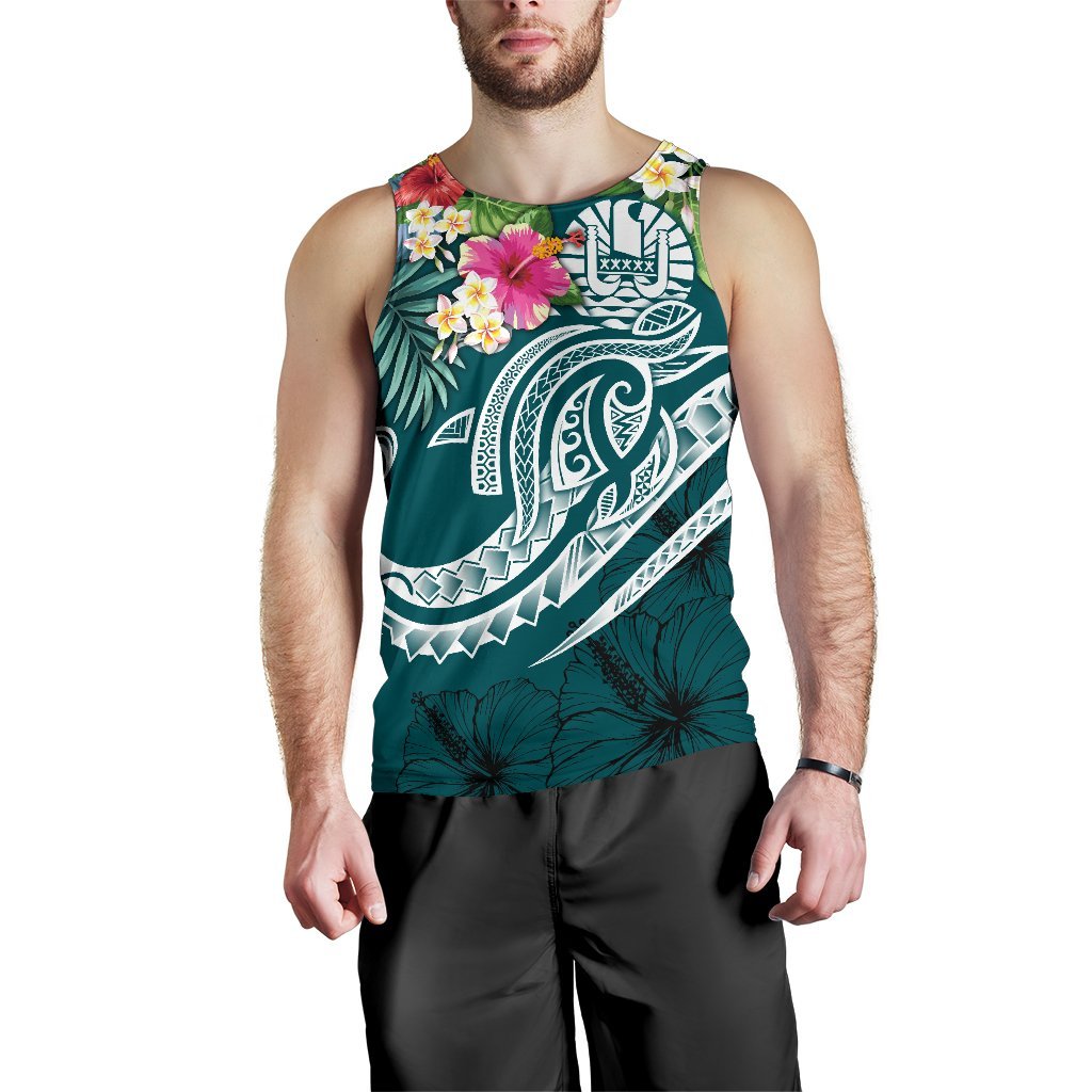 Tahiti Polynesian Men's Tank Top - Summer Plumeria (Turquoise) - Polynesian Pride