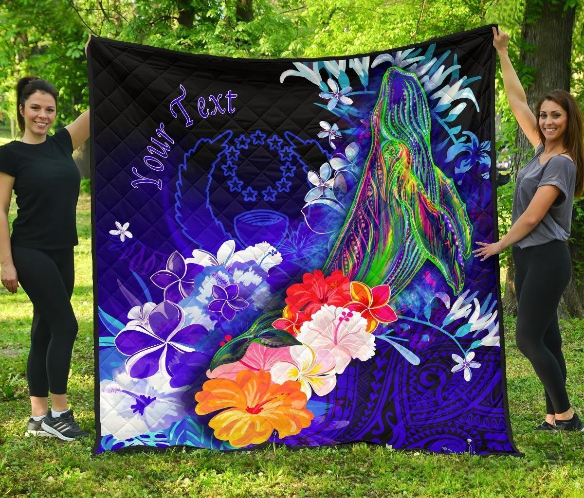Pohnpei Custom Personalised Premium Quilt - Humpback Whale with Tropical Flowers (Blue) Blue - Polynesian Pride