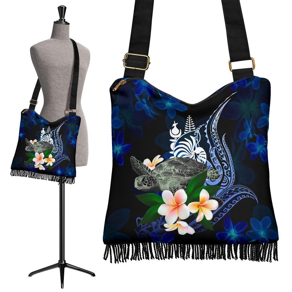 New Caledonia Polynesian Boho Handbag - Turtle With Plumeria Flowers One Style One Size Blue - Polynesian Pride