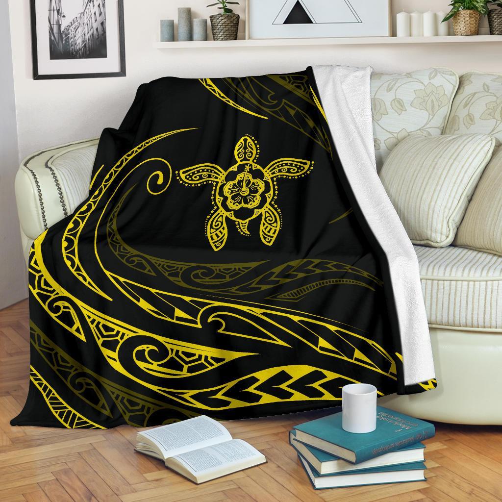Hawaii Turtle Hibicus Premium Blanket - Frida Style - Yellow - Polynesian Pride