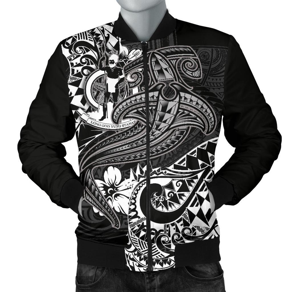 Vanuatu Polynesian Men's Bomber Jacket - White Shark Polynesian Tattoo White - Polynesian Pride