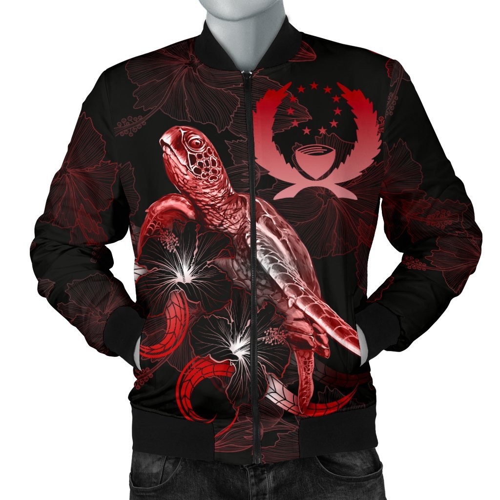 Pohnpei Polynesian Men's Bomber Jacket - Turtle With Blooming Hibiscus Red Red - Polynesian Pride