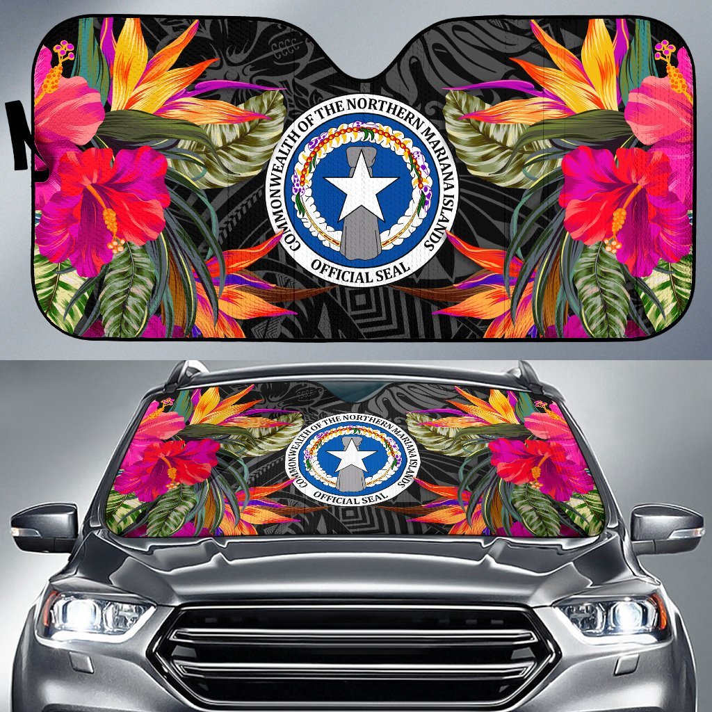 Northern Mariana Islands Auto Sun Shades - Hibiscus Pattern Auto Sun Shade Universal Fit Black - Polynesian Pride
