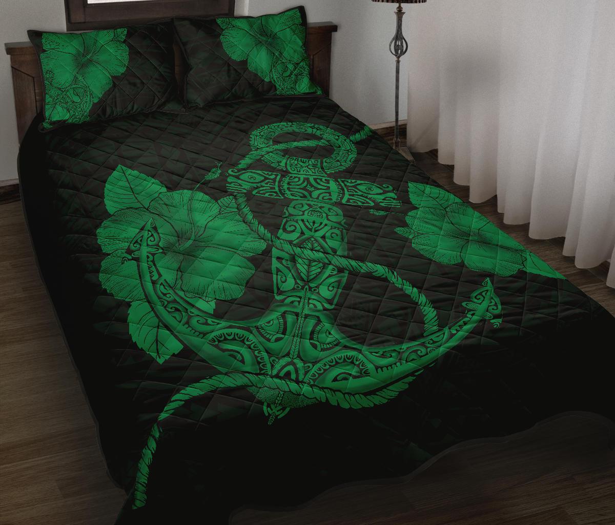 Anchor Poly Tribal Quilt Bed Set Green - Polynesian Pride