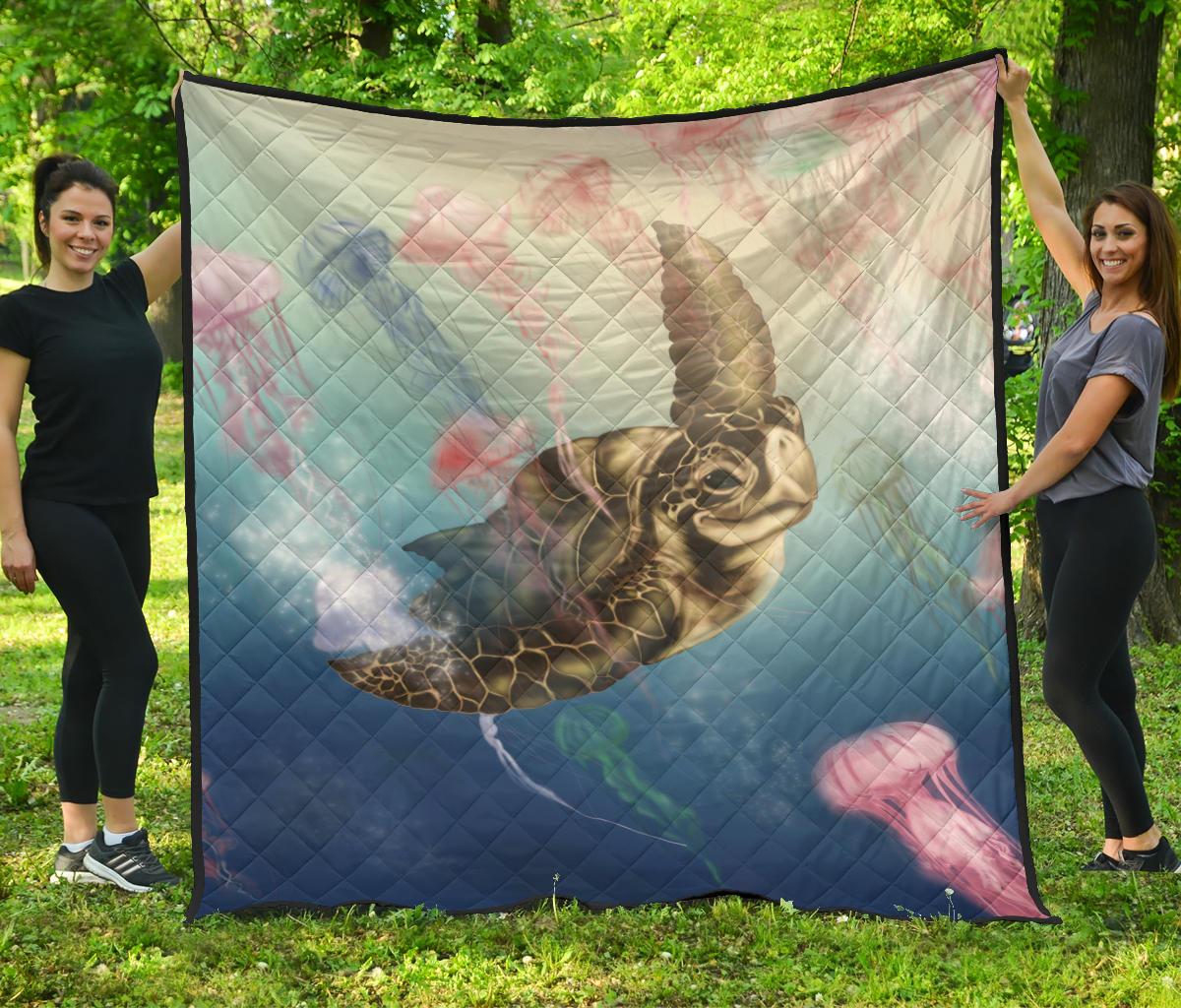 Hawaii Turtle And Jellyfish In Deep Sea Moana Premium Quilt Blue - Polynesian Pride