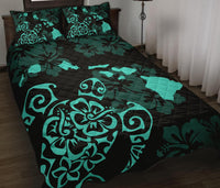 Turtle Hibiscus Map Turquoise Quilt Bed Set - Polynesian Pride
