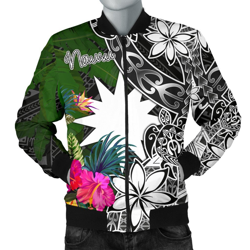Nauru Men Bomber Jacket - Turtle Plumeria Banana Leaf Black - Polynesian Pride