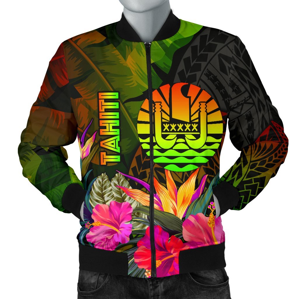 Tahiti Polynesian Men's Bomber Jacket - Hibiscus and Banana Leaves Reggae - Polynesian Pride