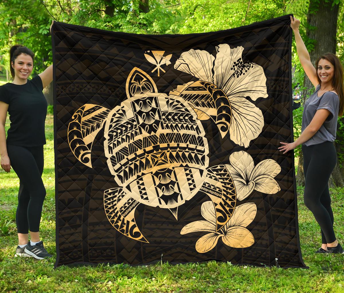 Hawaiian Kanaka Hibiscus Plumeria Mix Polynesian Turtle Premium Quilt Gold AH Gold - Polynesian Pride