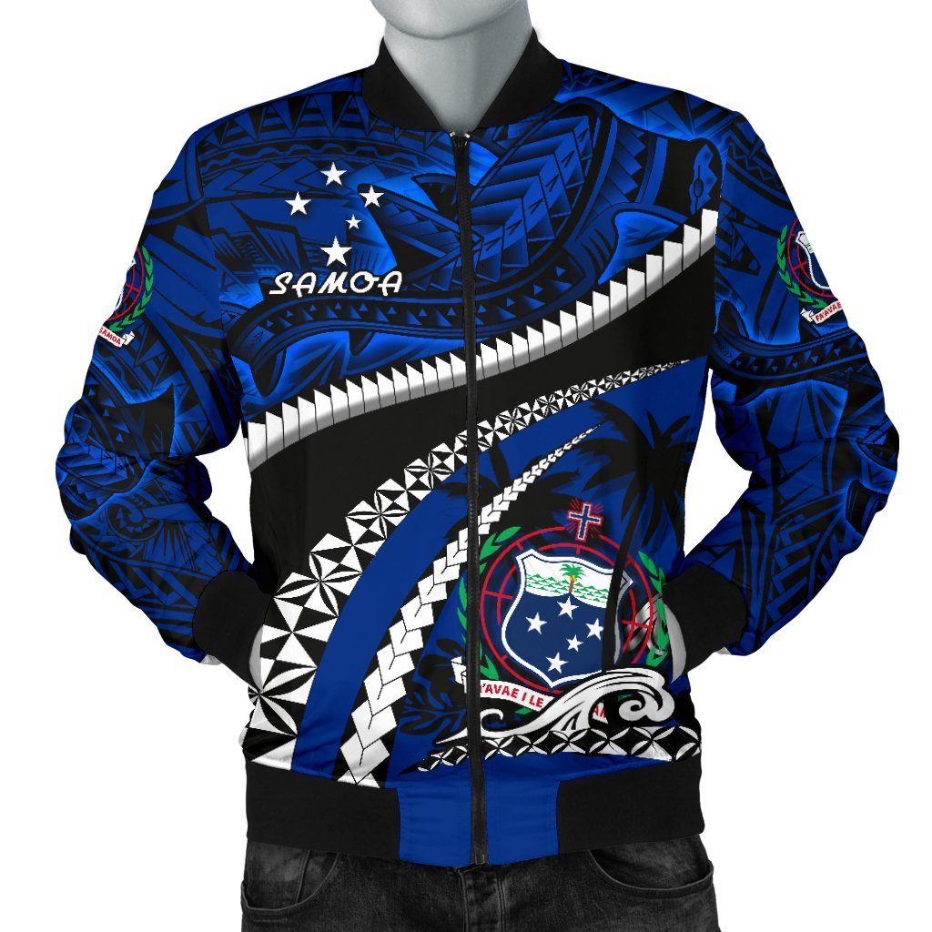 Samoa Men Bomber Jacket Polynesian Shark Tattoo Blue - Polynesian Pride