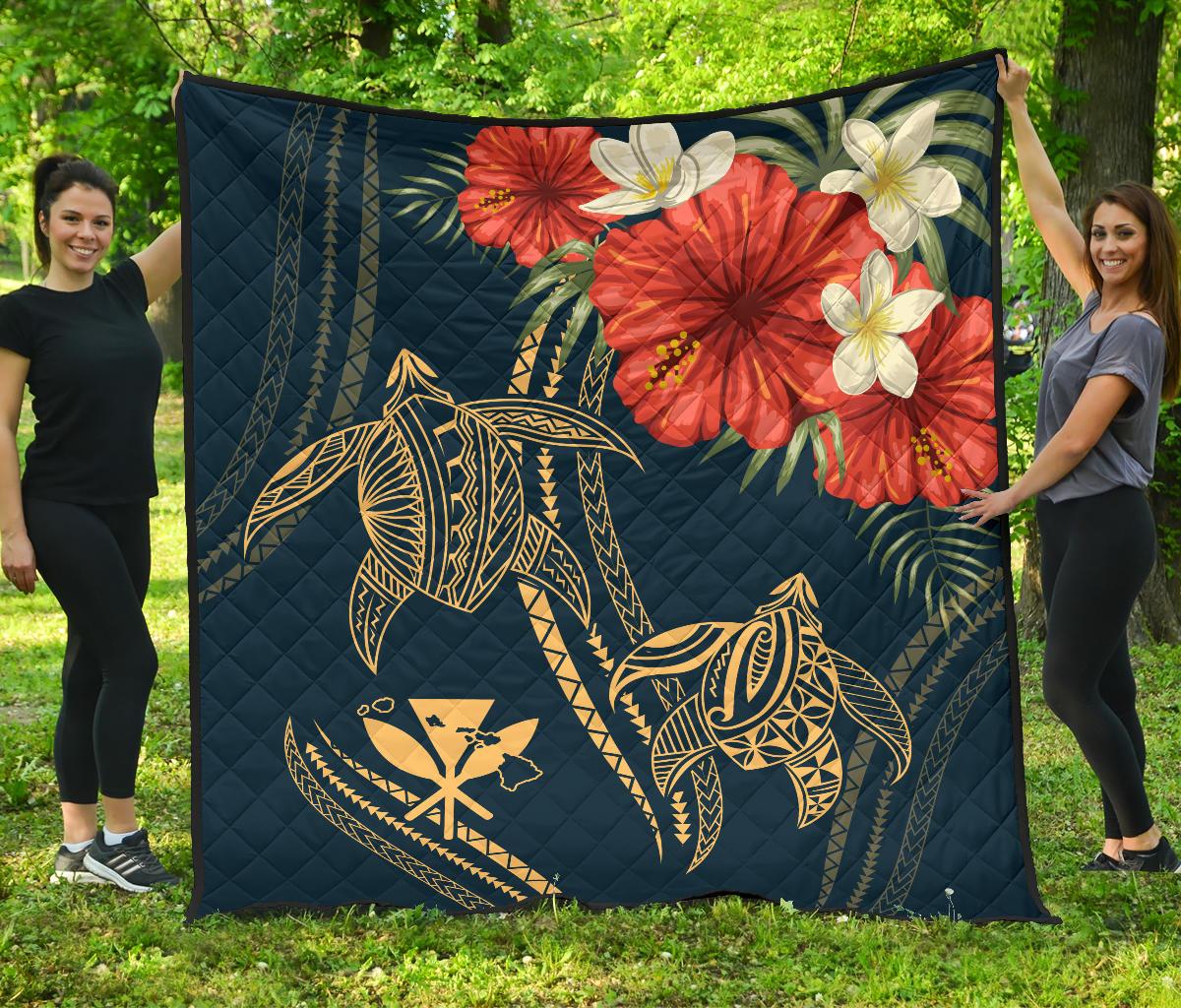 Hawaii Polynesian Turtle Hibiscus Premium Quilt - Nolan Style Black - Polynesian Pride