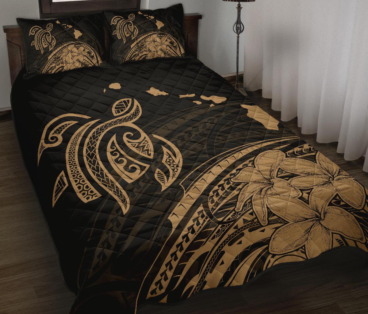 Hawaii Quilt Bed Set - Turtle Polynesian Map Plumeria Gold - Polynesian Pride
