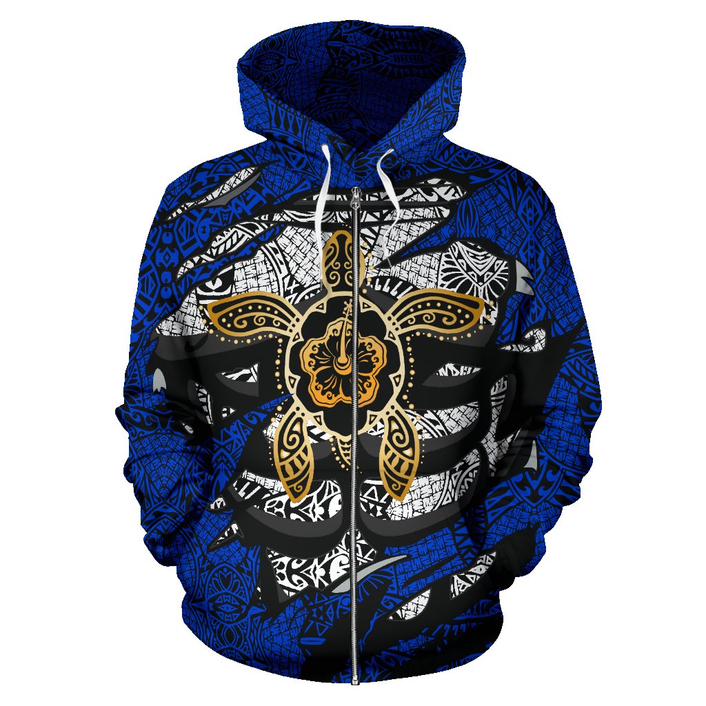 Aloha Turtle Hibiscus Polynesian Blue Zip up Hoodie - Polynesian Pride