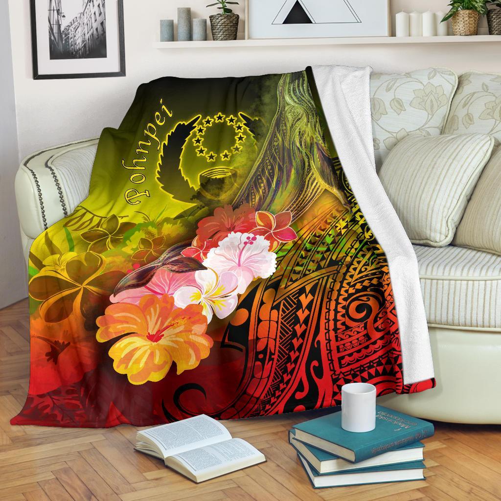 Pohnpei Premium Blanket - Humpback Whale with Tropical Flowers (Yellow) White - Polynesian Pride