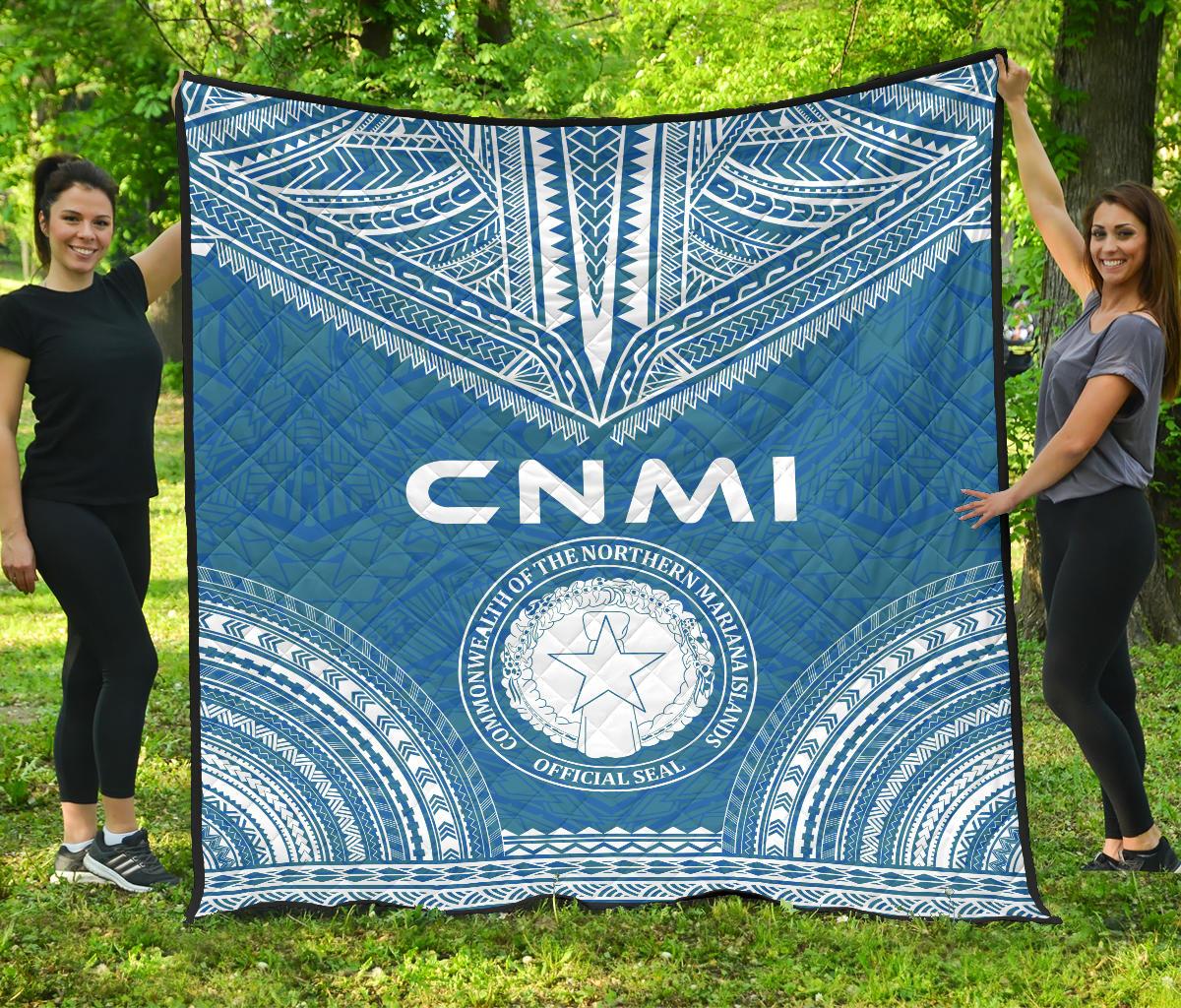 Northern Mariana Islands Premium Quilt - CNMI Seal Polynesian Chief Light Blue Version Blue - Polynesian Pride