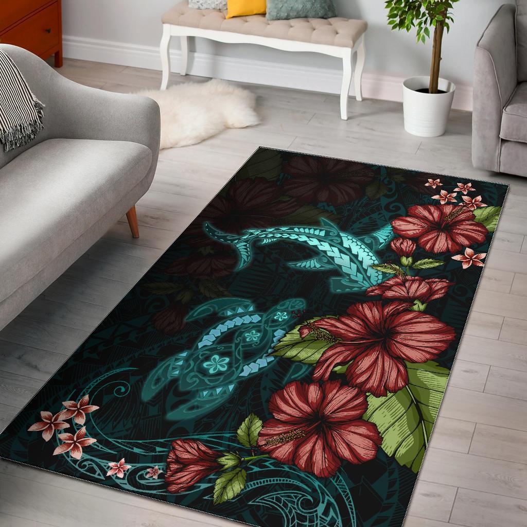 Polynesian Area Rug Turtle And Shark - Hibiscus Turquoise Turquoise - Polynesian Pride